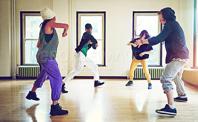 Buy stock photo Hiphop, class and group dance together, talent and performance and movement art practice for competition. Dancer, music and culture with diversity friends with energy, fun and expression for joy