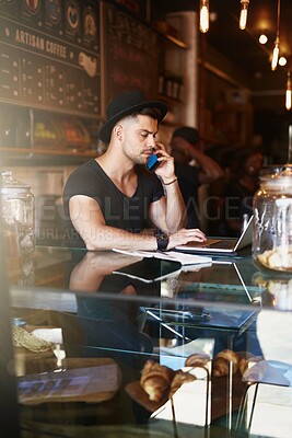 Buy stock photo Phone call, coffee shop and man in cafe on laptop for small business, stock inventory and store website. Restaurant, hospitality and owner by counter on computer for orders, online and discussion