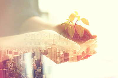 Buy stock photo Double exposure, soil and plant in hands with city overlay for earth day, sustainability and eco friendly. Climate change, urban and environment protection for growth and future with dirt and town