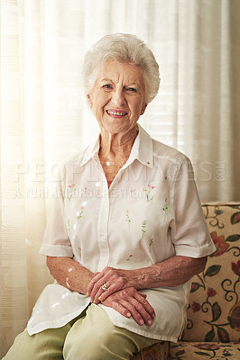 Buy stock photo Happy, sofa and portrait of senior woman in retirement home with cheerful, joy and smile in house. Window, living room and elderly person on weekend with confidence, calm and relaxing in morning