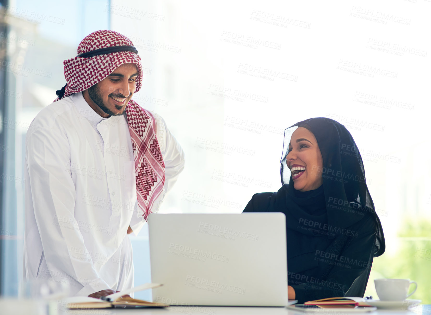 Buy stock photo Muslim, people and coworking teamwork on project and mentor help on laptop in Dubai office. Arab, man and woman in business learning, training or collaboration with professional advice from manager