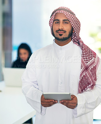 Buy stock photo Portrait, business and Muslim man with tablet, office or connection with financial advisor, accounting or traditional clothes. Face, person or employee with technology, investment or network with app