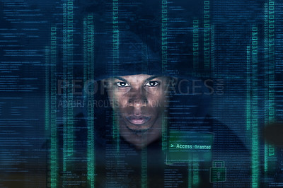 Buy stock photo Night, hacker and black man with code for information technology, firewall breach or programming. Overlay, cybersecurity and male person in dark for crack encryption, ransomware or malware with crime