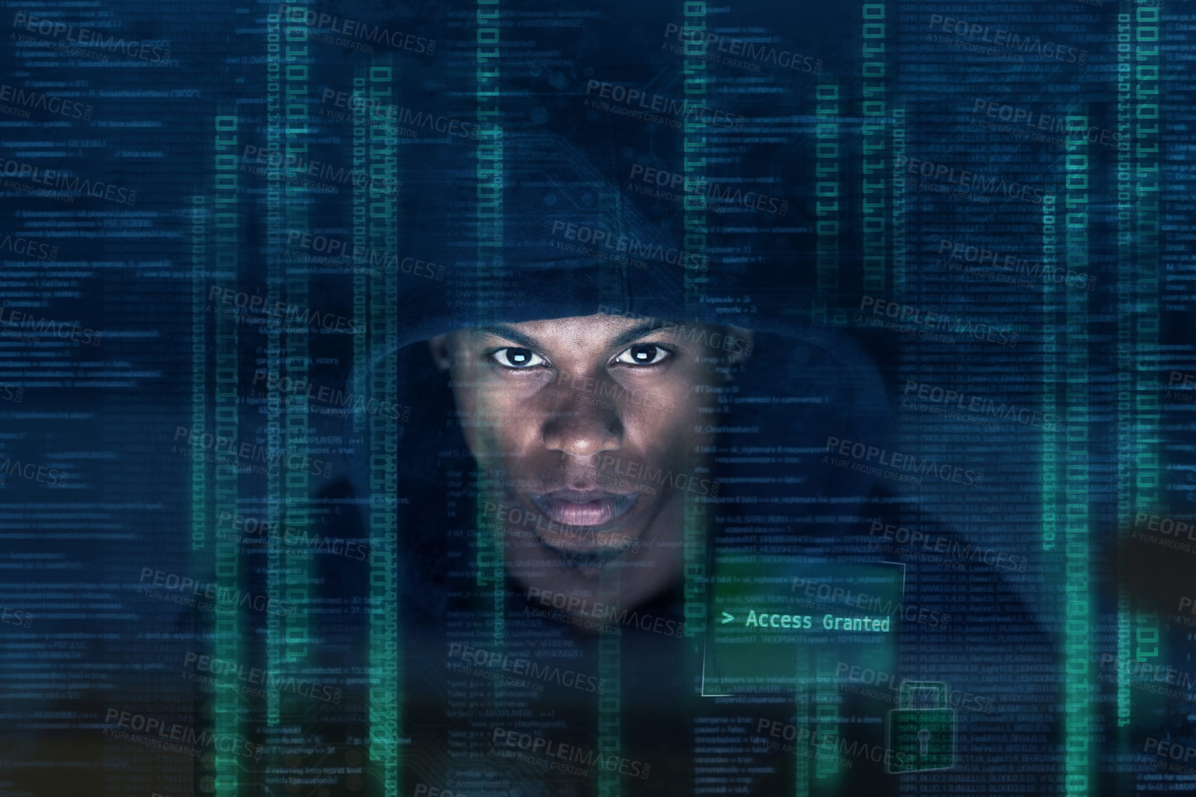 Buy stock photo Night, hacker and black man with code for information technology, firewall breach or programming. Overlay, cybersecurity and male person in dark for crack encryption, ransomware or malware with crime