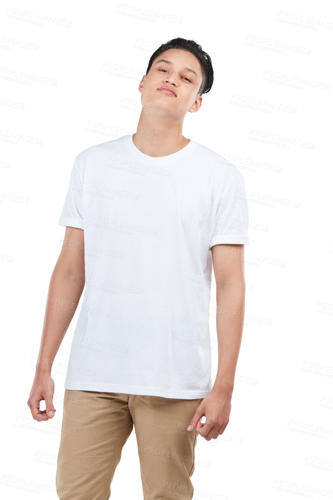 Buy stock photo Portrait, fashion and mockup with an asian man in studio isolated on a white background for clothes. Style, casual or mock up with a handsome young male posing in contemporary clothing on blank space