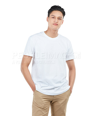 Buy stock photo Cool, trendy and portrait of a handsome Asian man isolated on a white background in studio. Confidence, attractive and relaxed Japanese model in casual clothing for fashion on a studio background