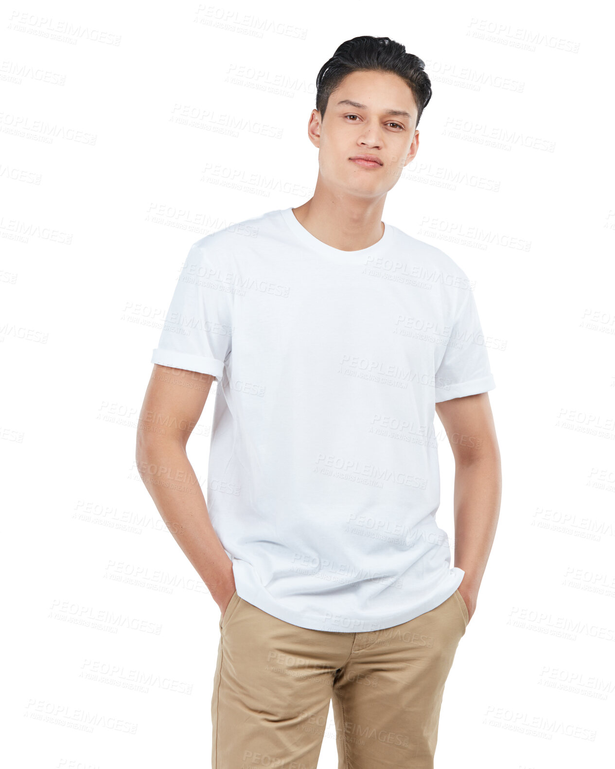 Buy stock photo Cool, trendy and portrait of a handsome Asian man isolated on a white background in studio. Confidence, attractive and relaxed Japanese model in casual clothing for fashion on a studio background