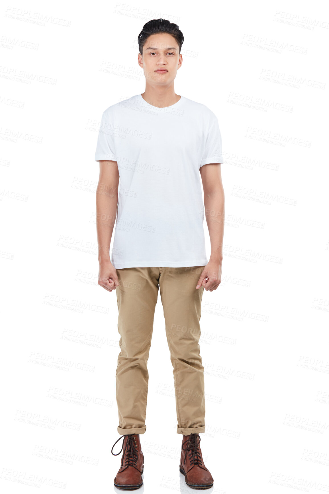 Buy stock photo Serious, young and portrait of a handsome Asian man isolated on a white background in studio. Confidence, attractive and lifestyle Japanese model in casual clothing for fashion on a studio background