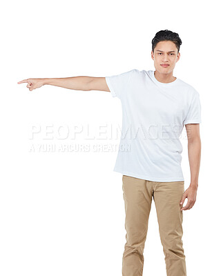 Buy stock photo Idea, mockup and pointing with portrait of asian man for question, product and deal choice. Target, solution and sales with isolated guy for discount, decision and planning in white background studio