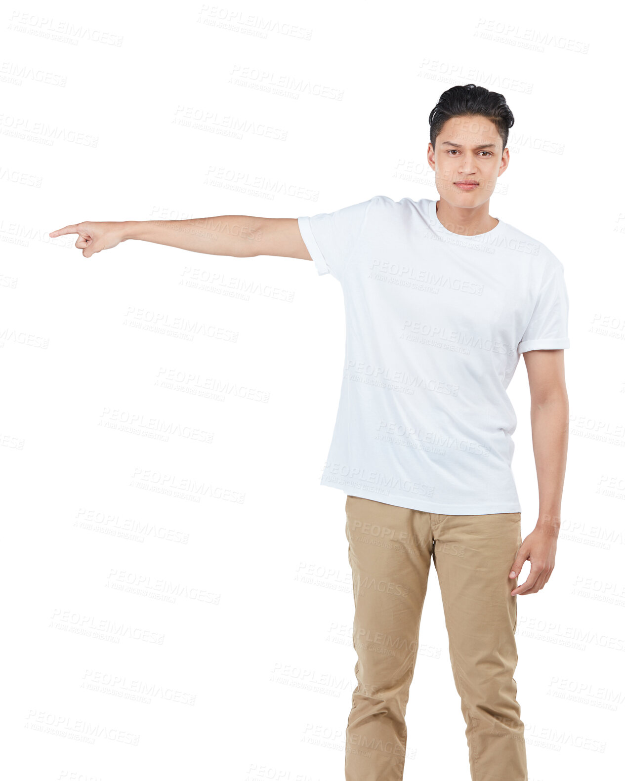 Buy stock photo Idea, mockup and pointing with portrait of asian man for question, product and deal choice. Target, solution and sales with isolated guy for discount, decision and planning in white background studio