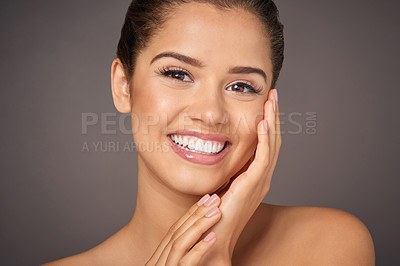 Buy stock photo Woman, skincare and portrait of smile with self care, happiness and healthy glow on skin. Clean, beauty and girl with natural cosmetics from dermatology for hygiene or wellness in dark background