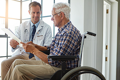 Buy stock photo Doctor, man and wheelchair with documents in clinic for consultation, report or medical review. Medic, clipboard and person with disability in hospital for paperwork, check or rehabilitation for care