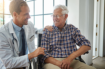 Buy stock photo Doctor, man and wheelchair with consultation in clinic for good news, report or medical review. Medic, talking and senior person with disability in hospital for recovery, support and rehabilitation