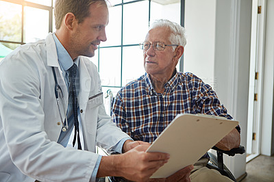 Buy stock photo Doctor, man and wheelchair with clipboard in hospital for consulting, report or medical review. Medic, checklist and person with disability in clinic for paperwork, exam or health insurance for care