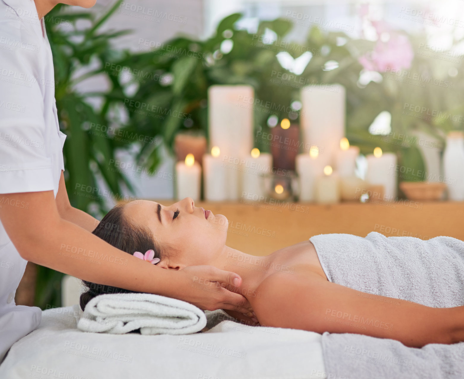 Buy stock photo Hands for massage, relax and woman in spa with masseuse for health benefits, peace or wellness. Beauty, calm or stress relief with customer and therapist in clinic or salon for natural treatment