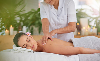 Buy stock photo Body, hands for massage and woman in spa with masseuse to relax for health, peace or wellness. Beauty, calm or stress relief with sleeping client and therapist in clinic or salon for treatment