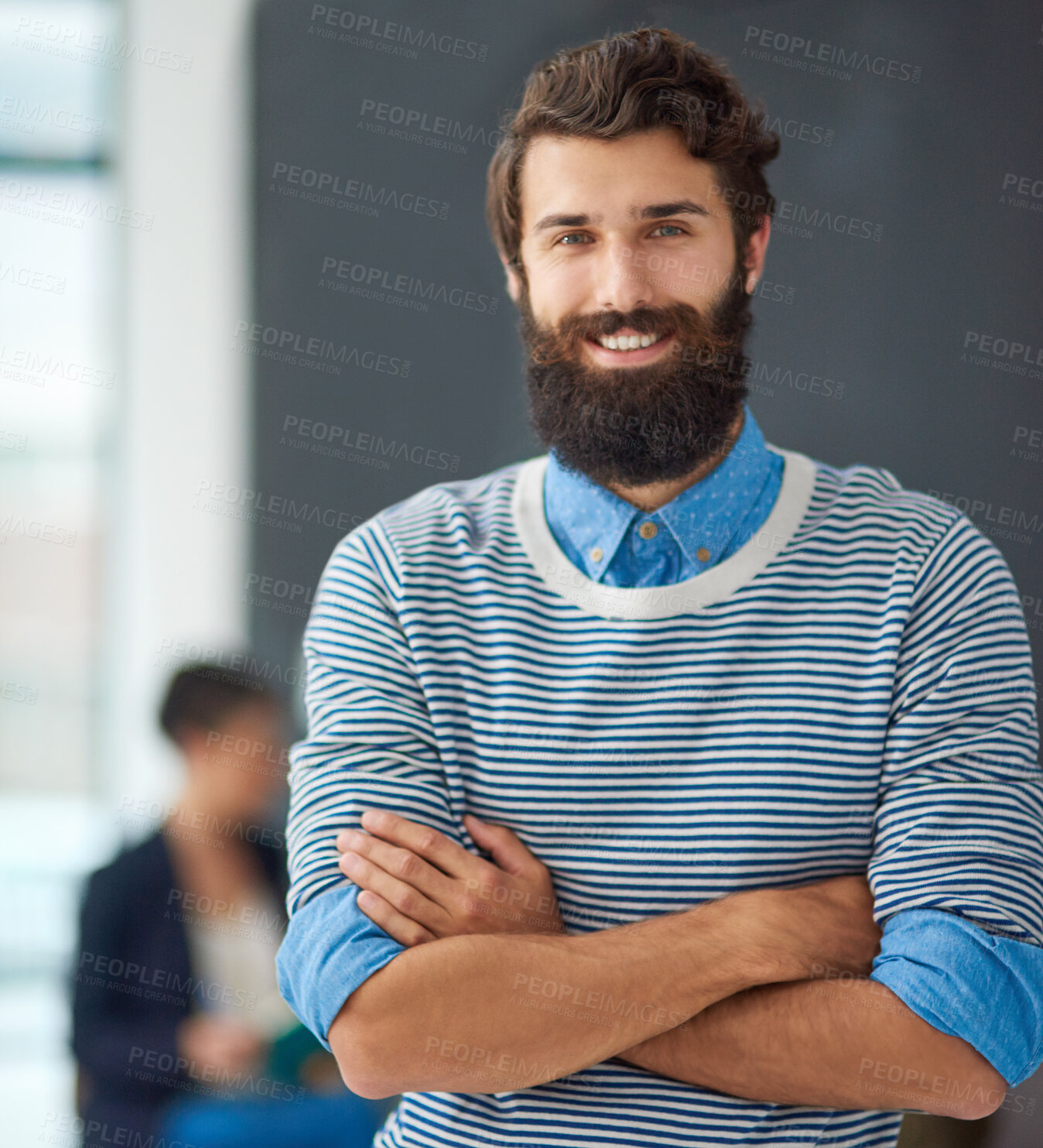 Buy stock photo Portrait, smile and business man with arms crossed in startup office for career, job or pride in France. Face, happy professional or confident entrepreneur, employee or creative copywriter in company
