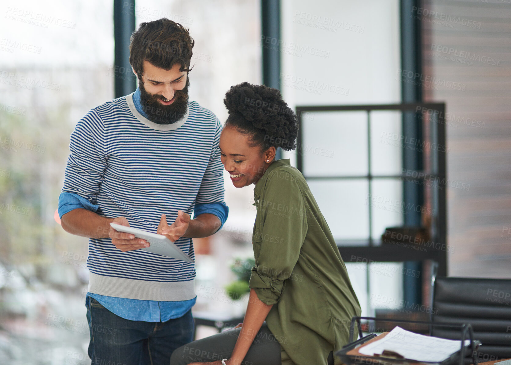 Buy stock photo Partners, tablet and mentor for help on report in office, opinion and advice on proposal at desk. Colleagues, support and coaching or feedback on project, talking and teamwork on idea or planning