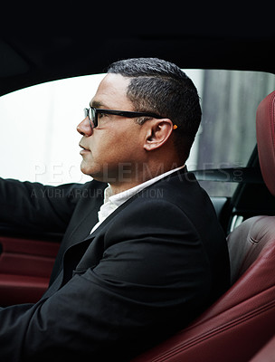 Buy stock photo Profile, gentleman and entrepreneur in a luxury car, rich person and wealthy with morning commute and travel. Transportation, business and glasses with success and corporate professional with vehicle