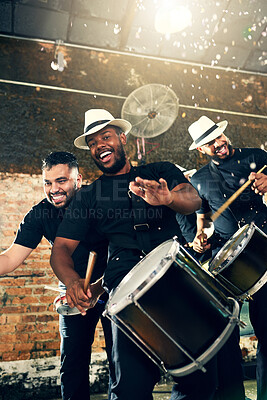 Buy stock photo Cropped shot of a group of drummers performing at Carnival