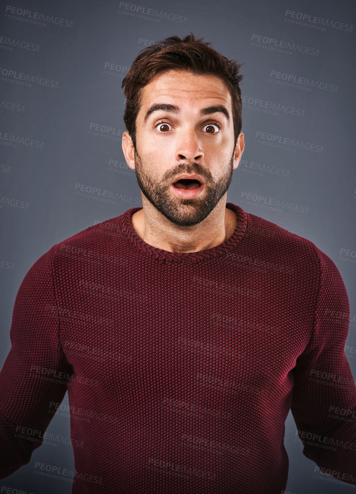 Buy stock photo Studio, surprise and man with rumor, portrait and gossip of discount, wow and news in winter. Gray background, face and person with shock, secret and fear for phobia and scared with sweater or jersey