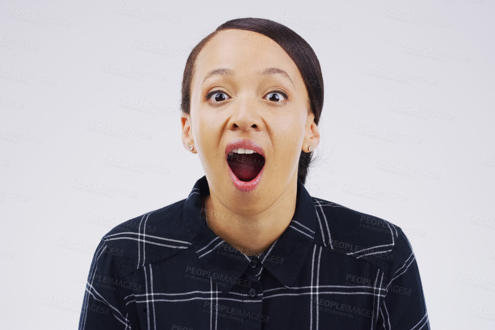 Buy stock photo Woman, surprised and portrait in studio for good news, gossip and secret on white background. Shocked, comic and Puerto rico female person with funny face for wow, omg and reaction to meme or story