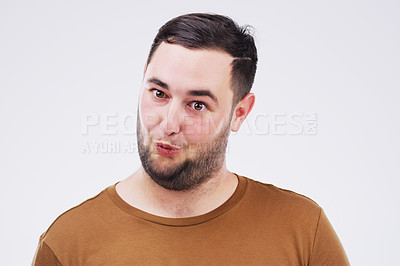 Buy stock photo Man, funny face and duck lips in studio for comic, comedy and crazy or weird expression. Comedian, facial gesture and pout for joke, prank and laugh on isolated white background with mockup space