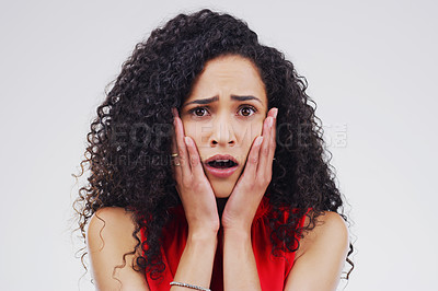 Buy stock photo Surprise, news and portrait of woman with stress for info on white background in studio. Shocked, face and college student with anxiety for mistake, fail or crazy debt from loan university in crisis