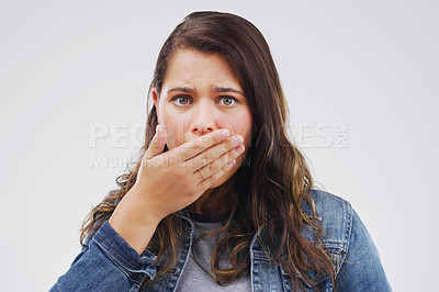 Buy stock photo Woman, portrait and shocked or omg for news, announcement and secret in studio on white background. Girl, surprise and wtf facial expression with hand on mouth for gossip, information and crazy story