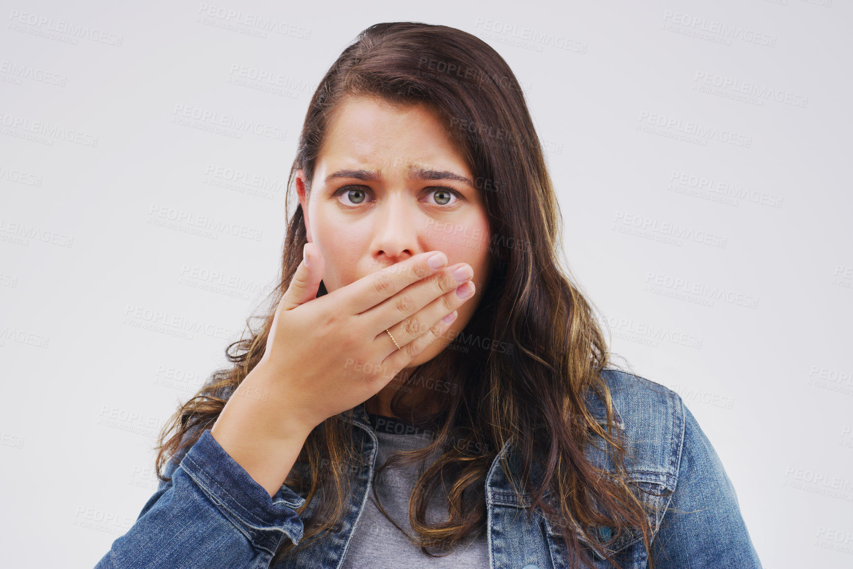 Buy stock photo Woman, portrait and shocked or omg for news, announcement and secret in studio on white background. Girl, surprise and wtf facial expression with hand on mouth for gossip, information and crazy story