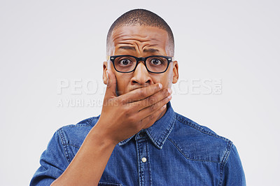 Buy stock photo Studio portrait, black man and shock for gossip with wow, fake news and drama or secret announcement. African male person, surprised and oops emoji for mistake and reaction by white background