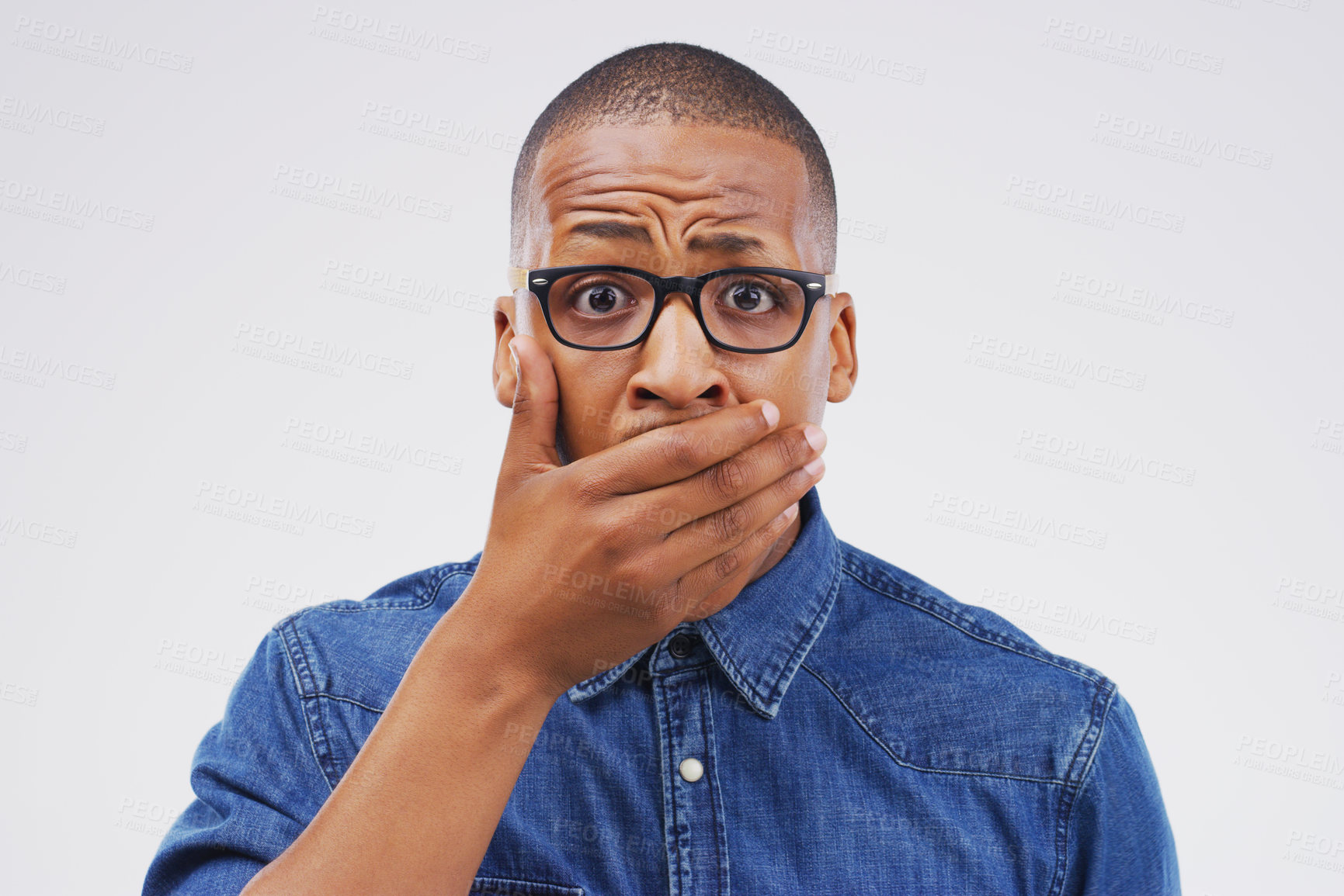 Buy stock photo Studio portrait, black man and shock for gossip with wow, fake news and drama or secret announcement. African male person, surprised and oops emoji for mistake and reaction by white background