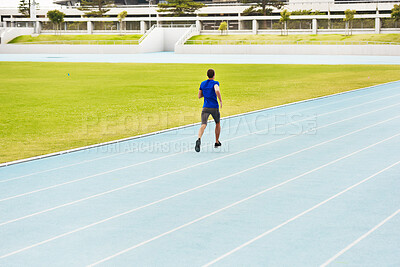 Buy stock photo Back, sports man and running on race track for athletics, fitness or competition training in stadium. Runner, exercise and male person for speed performance, endurance challenge or cardio workout