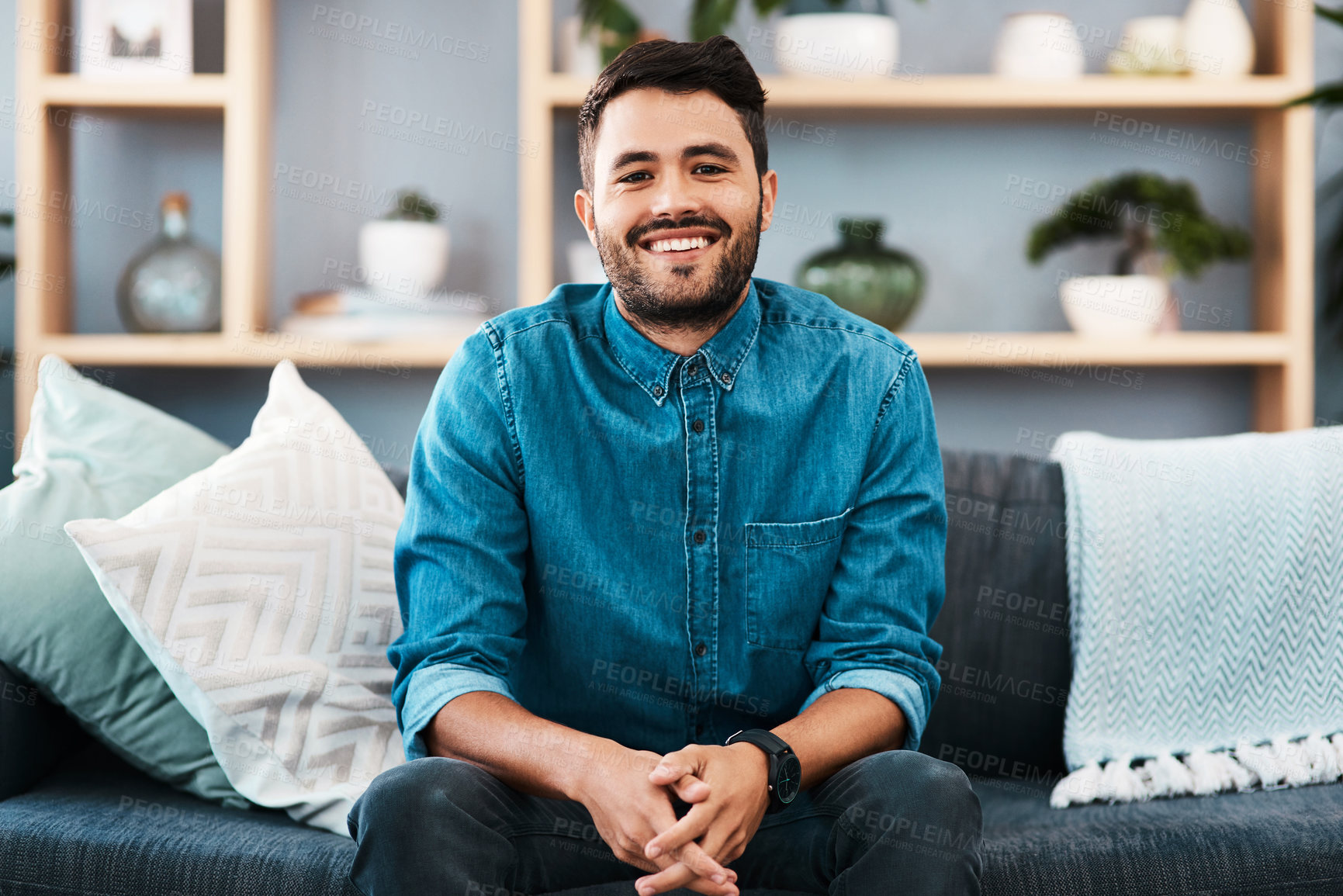 Buy stock photo Man, portrait and weekend to relax in home, comfortable and morning smile for peace or satisfaction. Male person, confident and happy in living room, vacation and wellness on sofa in apartment