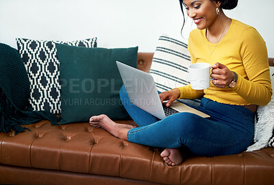 Buy stock photo Sofa, laptop and happy woman with coffee for work from home, study opportunity and e learning or college website. Relax, couch and young person or student on computer, creative inspiration and tea