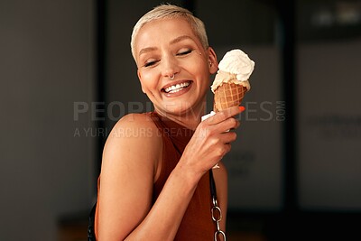 Buy stock photo Woman, ice cream and happy in city, summer and holiday with fashion, sorbet and memory on sidewalk. Girl, gelato and sugar cone with smile in metro street with thinking, dessert and outdoor in town