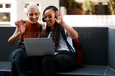 Buy stock photo Happy, women and wave with video call on laptop for virtual network, communication and connectivity. Friends, relax and smile with hand gesture for hello, greeting or online conversation with contact