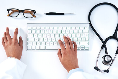 Buy stock photo Hands, keyboard and healthcare research in lab with top view or stethoscope for cardiology, study or online. Person, fingers and medical science or education learning or virus exam, trail or planning