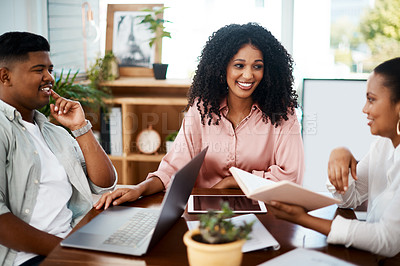 Buy stock photo People, creative and meeting for planning discussion in office, notebook and brainstorming for company project. Teamwork, collaboration and tech for research together, conversation and workplace