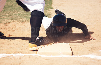 Buy stock photo Baseball player safe, running and man on a softball base at a game with training and dirt. Dust, sport and male athlete outdoor on a field with exercise and run to box of runner on sand with cardio