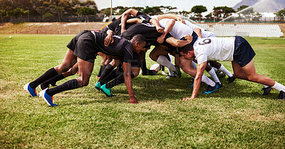 Buy stock photo Rugby, team and men in scrum for training, practice or exercise for match and game on field. Fitness, performance and athletes with tackle for warm up, competition and strength workout for tournament