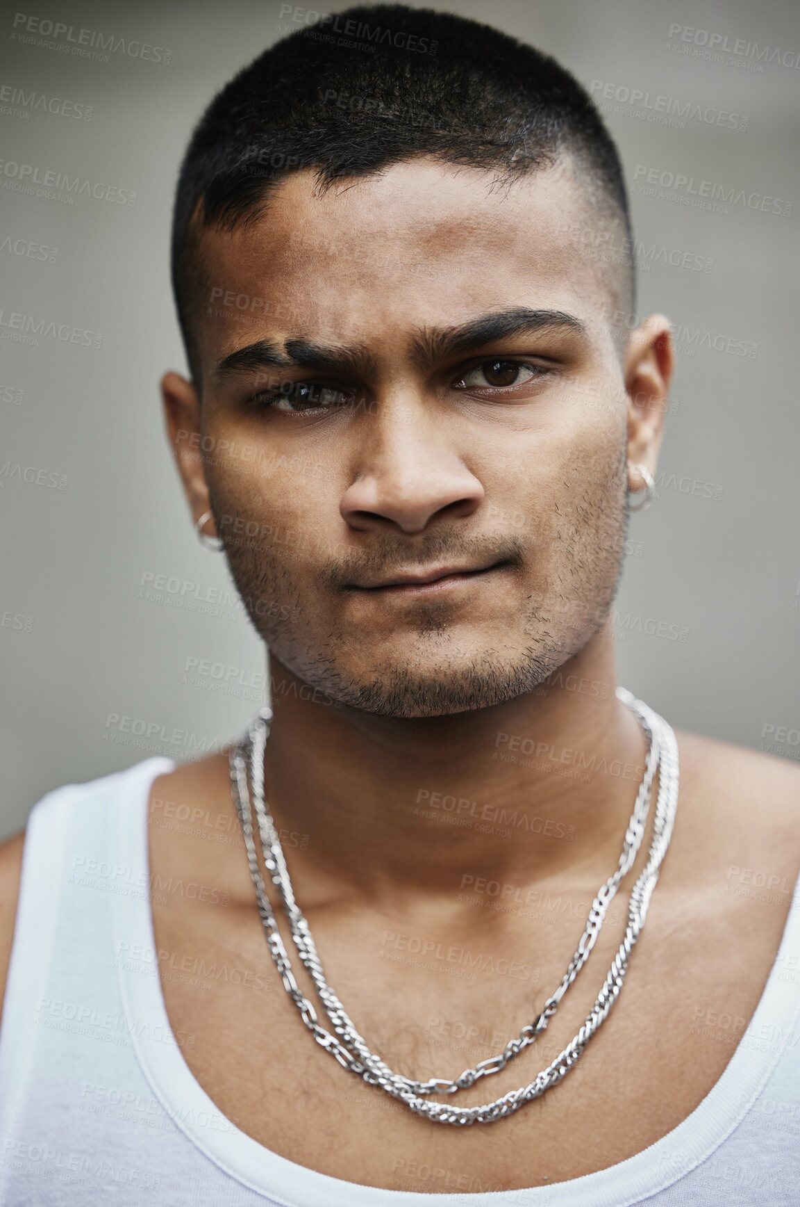 Buy stock photo Man, portrait and outdoor with chain, city and confidence in road, necklace and attitude on face. Street fashion, jewellery and person in New York, gangster and thug in clothes, outfit and style