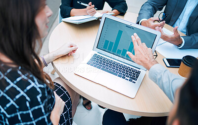 Buy stock photo Closeup, business people and laptop screen with graphs, budget and internet with financial planning, stock market or invest. Group, employees or trading with pc, meeting or funding report with charts