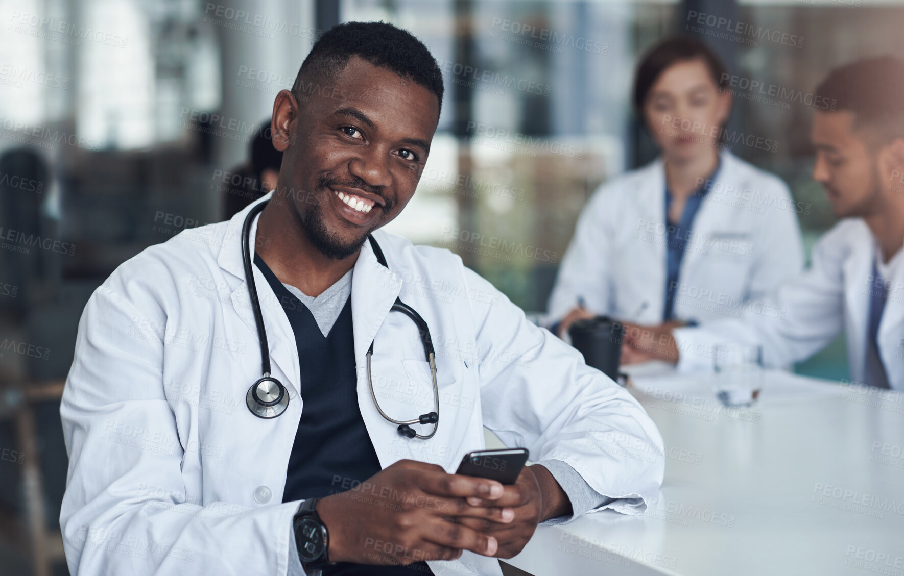 Buy stock photo Black doctor, smile and portrait on smartphone in office for medicare, medicine or healthcare with lab coat. Person, happy and medical, medic and surgeon in hospital with resting, meeting and email