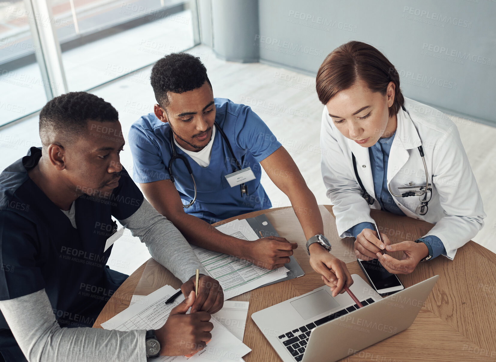 Buy stock photo Doctor, nurse and planning in meeting with laptop, teamwork and research proposal for diversity in medical trial. Healthcare people, students or group with online presentation and computer for ideas