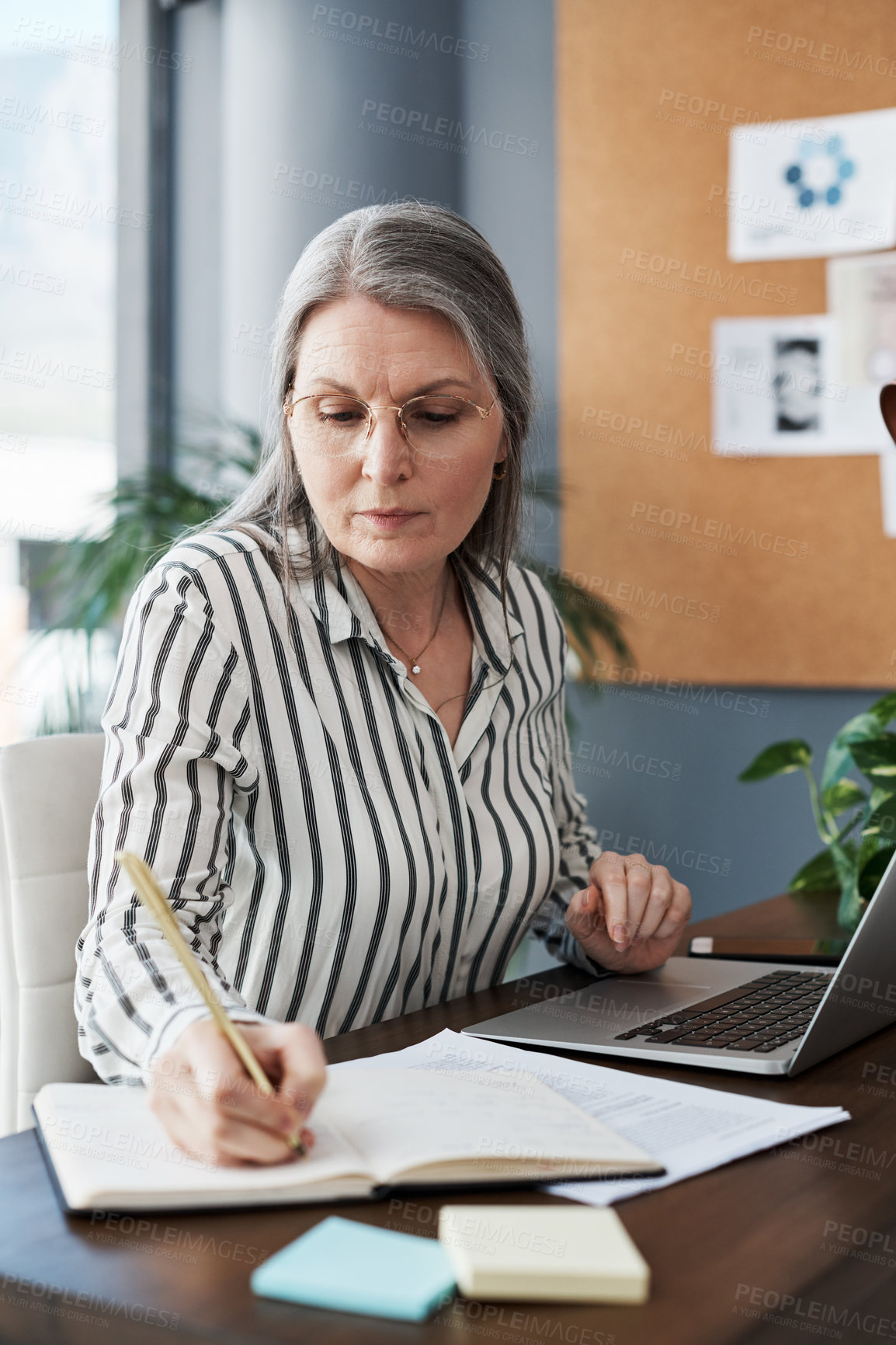 Buy stock photo Business woman, writing and planning in notebook and laptop for human resources ideas, reminder or goals. Mature worker or boss on computer with vision, solution and mission or objectives for career