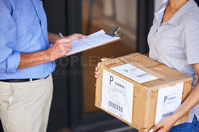 Buy stock photo People, package and delivery for export, logistics and online shopping and supply chain. Hands, customer and retail purchase with cargo, box and commercial service for distribution and freight