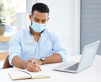 Buy stock photo Businessman, face mask and notebook at desk as corporate professional, safety or financial advisor. Male person, ppe and pandemic virus or hygiene protection as writing for invest, accounting or deal