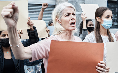 Buy stock photo Mature, woman and fight, protest and vaccine in city for rights, choice and decision, poster or stop virus injection for safety. Crowd, society and support, vote and opinion, change and politics