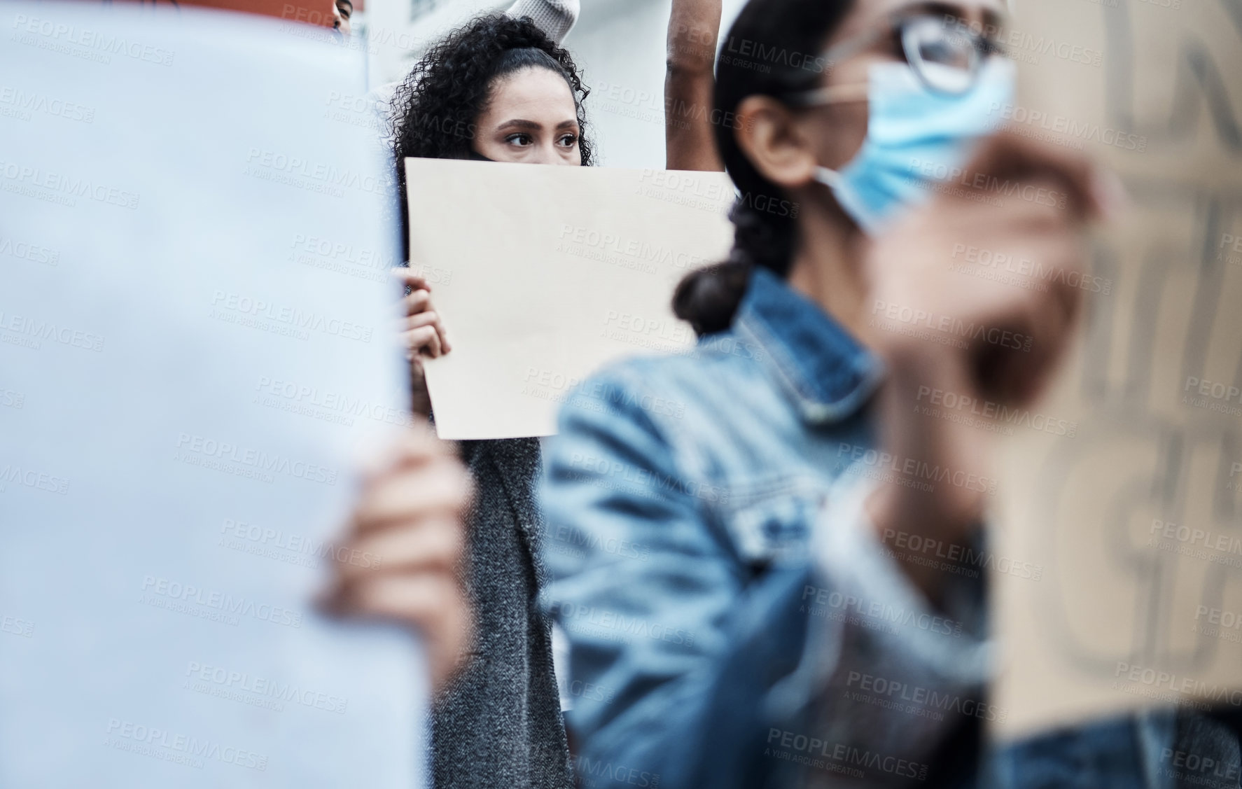 Buy stock photo Woman, city and protest sign for vaccine, change and community freedom of choice for society. Blank, poster and group at rally outdoor for fight, human rights and politics revolution for Palestine